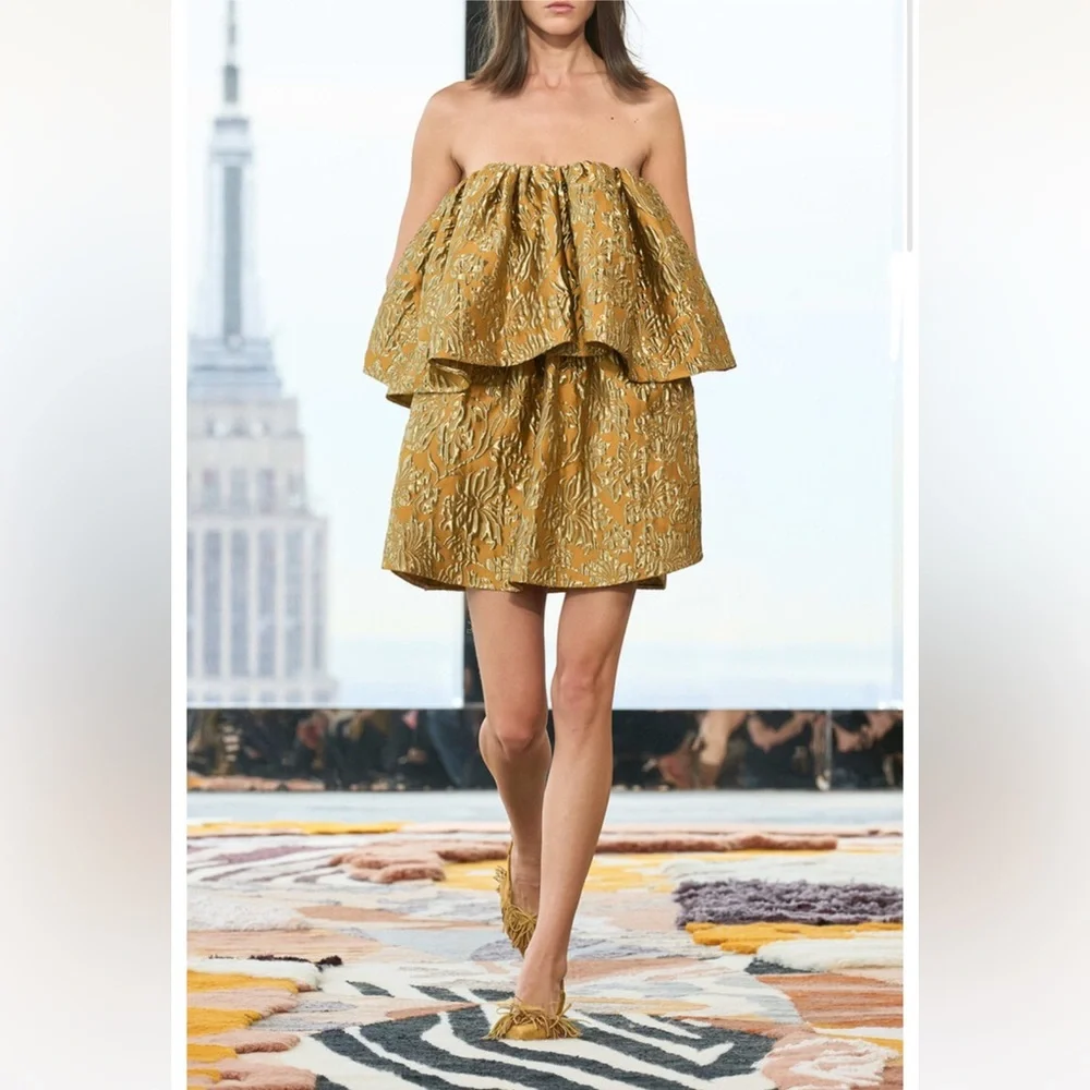 Ulla Johnson Metallic Gold Strapless Tiered Mini Dress